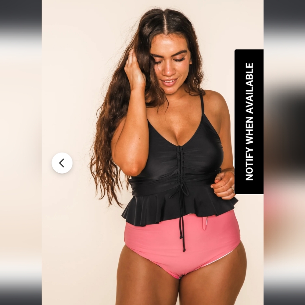 Black Coral Reef Ruffle ruched Peplum bikini top large New